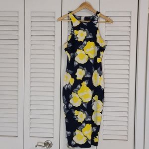 AX Paris Midi Navy, Grey & Yellow dress UK12 US8